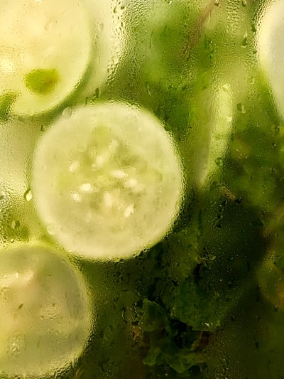 黄瓜片和绿叶蔬菜放在盛有湿黄瓜的容器里